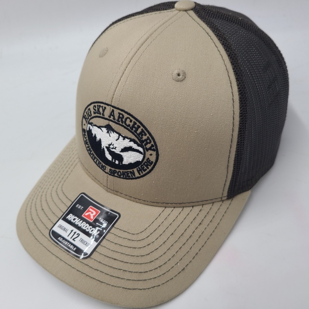 Big Sky Archery Hat Snapback Trucker Mesh Beige Brown Bowhunting Bozeman MT Men